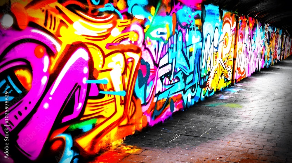 Railway Graffiti: Vibrant graffiti art adorning the walls of a railway underpass, adding unexpected color to an industrial setting. Railway Graffiti: Vibrant graffiti art adorning the walls of a railway underpass, adding unexpected color to an industrial setting.