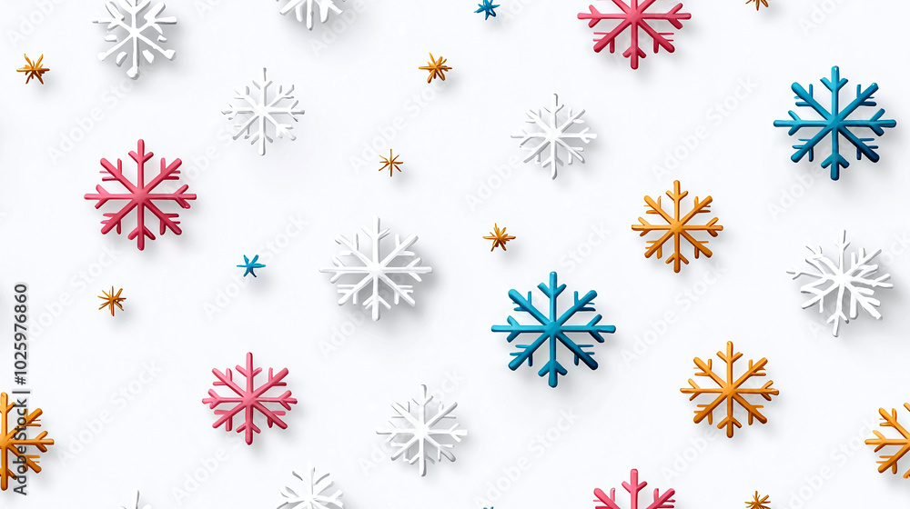 Colorful snowflakes in various shades of blue, pink, white, and orange create playful winter scene on clean white background, evoking cheerful and festive atmosphere Colorful snowflakes in various shades of blue, pink, white, and orange create playful winter scene on clean white background, evoking cheerful and festive atmosphere