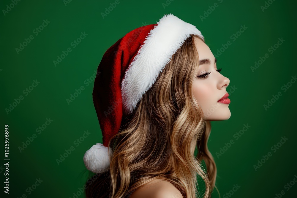 Profile side view portrait of attractive cheery wavy-haired girl Santa posing Eve event isolated over green color background Profile side view portrait of attractive cheery wavy-haired girl Santa posing Eve event isolated over green color background