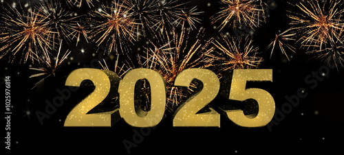 2025  golden figures in 3D in the night illuminated by a fireword  background - new year greeting card