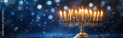 Hanukkah menorah with candles on dark blue background with snowfall. Happy Hanukkah banner template, Generative AI.