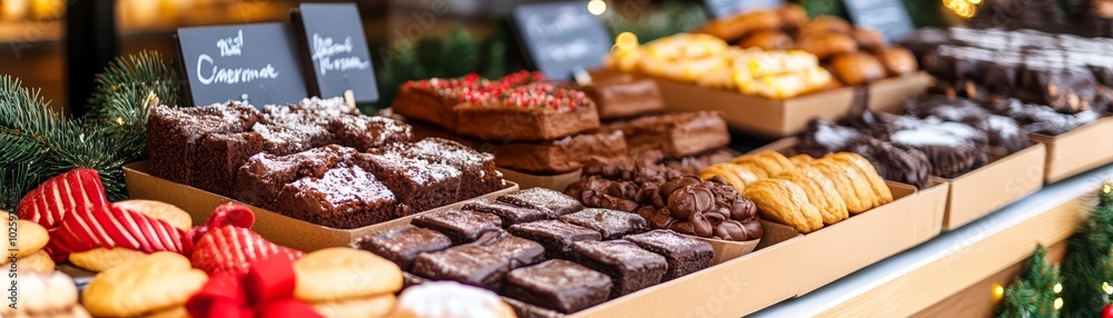 Assorted baked goods and pastries displayed on a wooden table with festive decorations. Assorted baked goods and pastries displayed on a wooden table with festive decorations.