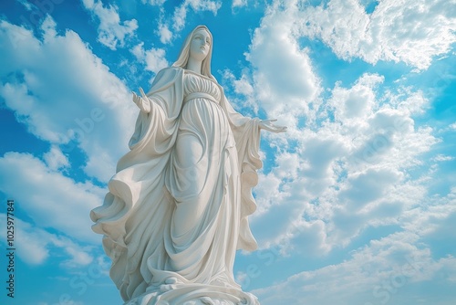 White statue of virgin mary standing with cloudy sky background