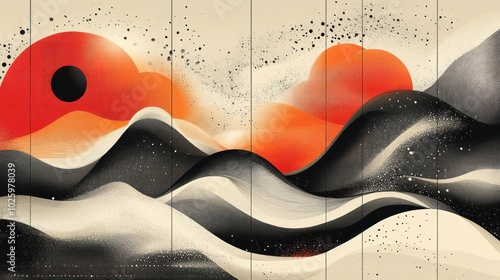 Abstract Japanese-inspired artwork featuring a sunrise with black circles over a stylized mountain range.