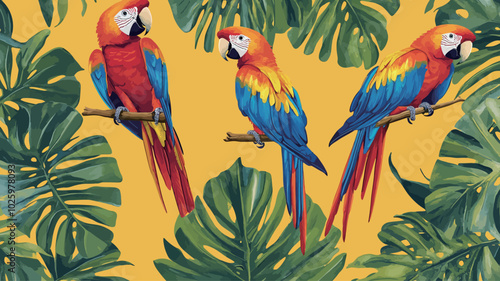 Seamless pattern with colorful macaws and tropical leaves on a yellow background 