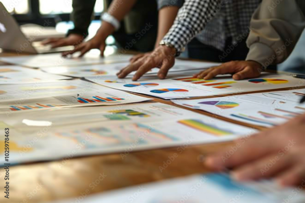 Closeup of an economic strategy session with hands over a table full of graphs on fiscal policy sector innovation and sustainability Closeup of an economic strategy session with hands over a table full of graphs on fiscal policy sector innovation and sustainability