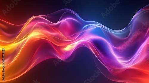 Abstract digital art of a vibrant wave of red, pink, yellow, blue and purple on a dark background.