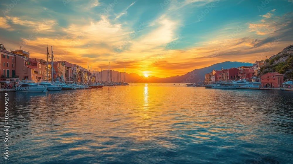 Obraz premium Sunset over the Harbor in a Coastal Town