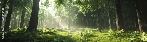 Enchanting sunbeams illuminate a towering green forest canopy sunlight