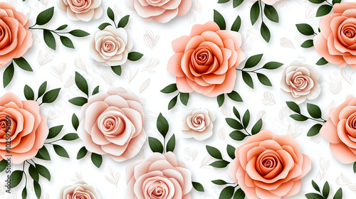 Beautiful watercolor roses in soft pink and beige create delicate floral pattern, perfect for adding touch of elegance to any design. lush green leaves enhance overall charm