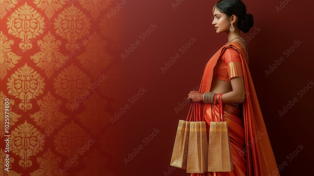 Fototapeta premium Side profile of an elegant woman in orange saree holding shopping bags against ornate backdrop.