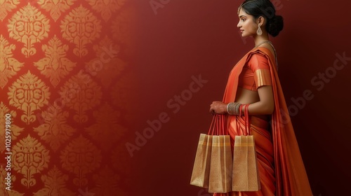 Side profile of an elegant woman in orange saree holding shopping bags against ornate backdrop. photo