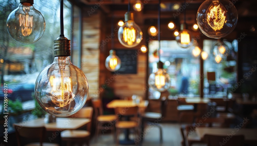 A cozy caf? interior featuring warm, glowing light bulbs and wooden furnishings, creating an inviting atmosphere for patrons. A cozy caf? interior featuring warm, glowing light bulbs and wooden furnishings, creating an inviting atmosphere for patrons.