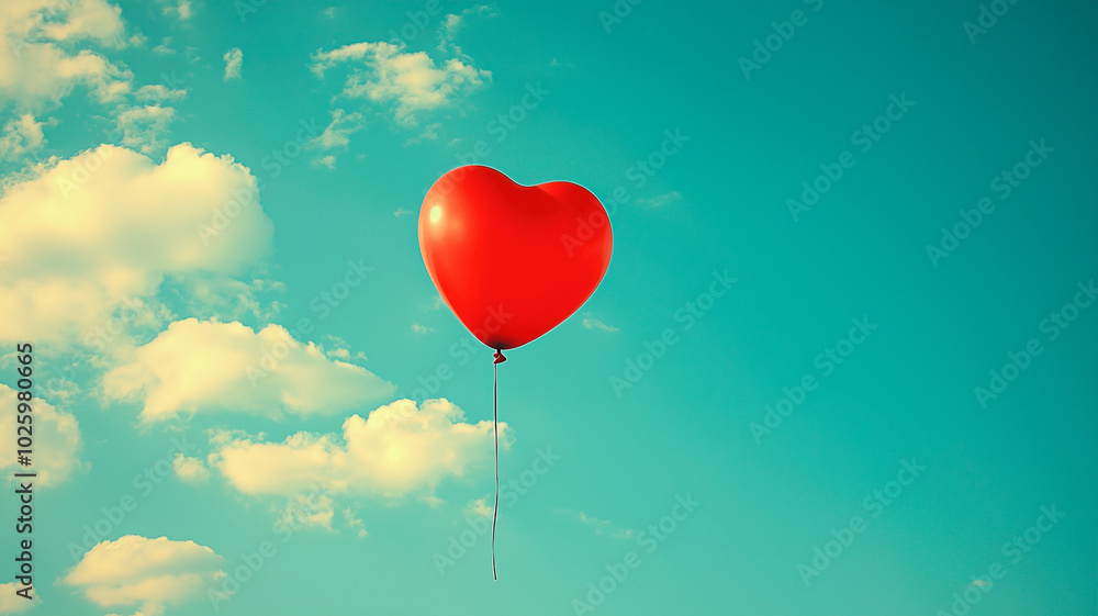 A single bright red heart-shaped balloon floating in the blue sky with fluffy clouds, symbolizing love, freedom, and happiness A single bright red heart-shaped balloon floating in the blue sky with fluffy clouds, symbolizing love, freedom, and happiness