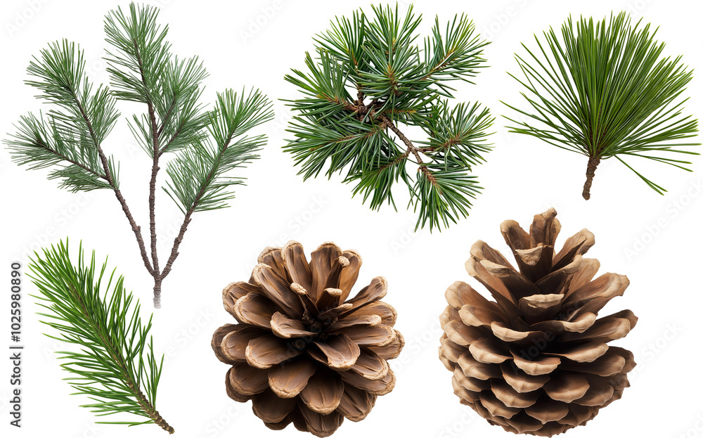 Fototapeta premium pine cones and pine needles isolated on white background