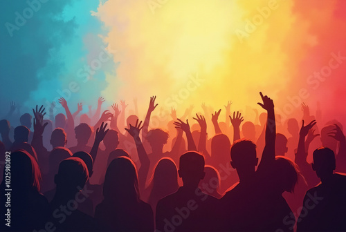 Vibrant Silhouettes: Colorful Abstract Crowd Scene for Event Promotions, Concert Posters, or Social Media Campaigns