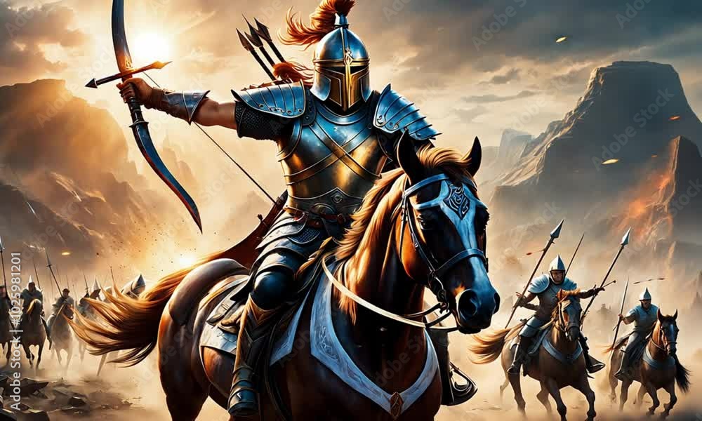 A powerful warrior riding a horse, wielding a bow and arrow, leading a group of soldiers into battle. A powerful warrior riding a horse, wielding a bow and arrow, leading a group of soldiers into battle.