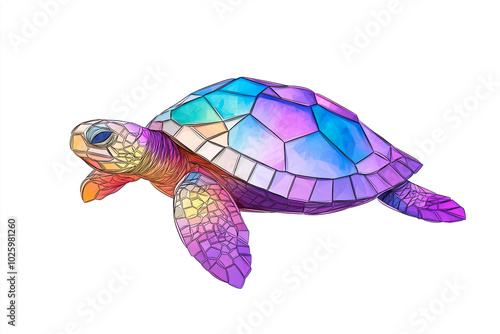 3D stained glass style turtle on a white background. Elegant and intricate nature-inspired artwork. photo