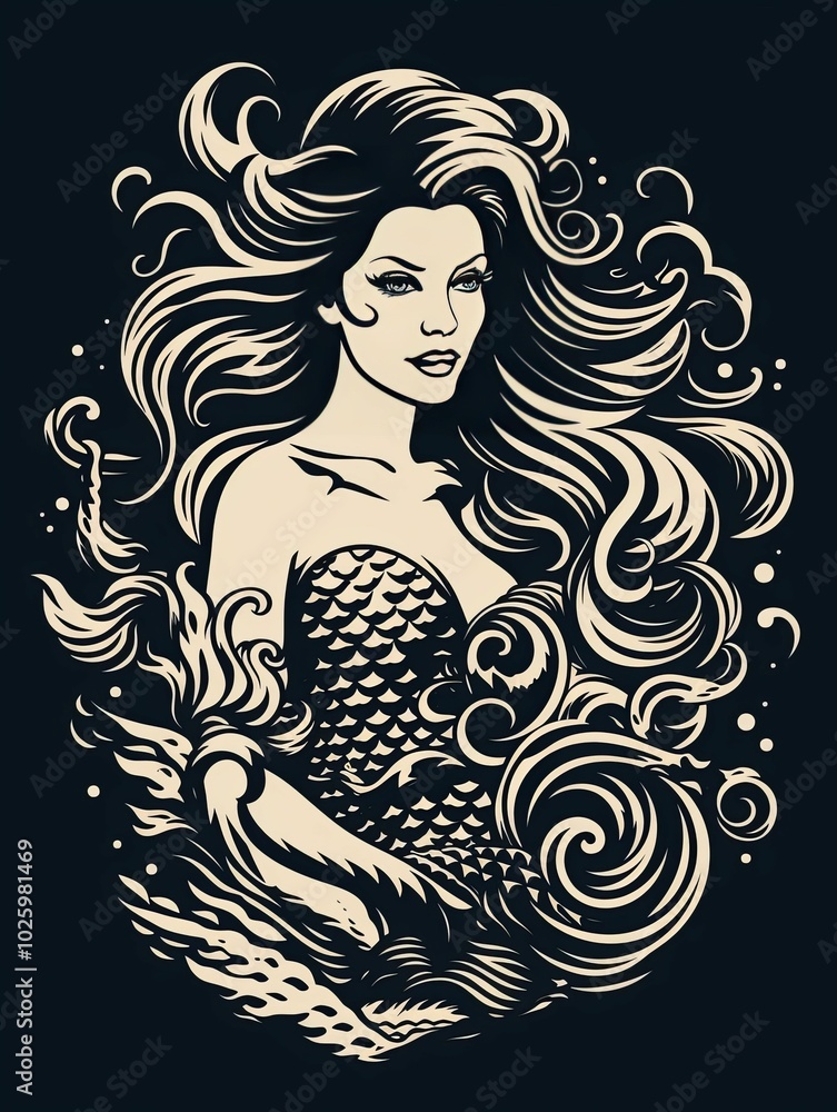 A stylized illustration of a mermaid with long flowing hair and a fishtail A stylized illustration of a mermaid with long flowing hair and a fishtail