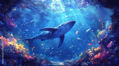 Underwater background of the ocean floor with fish whales