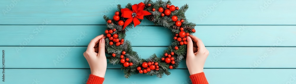 Hands holding a festive Christmas wreath against a blue wooden background. Hands holding a festive Christmas wreath against a blue wooden background.