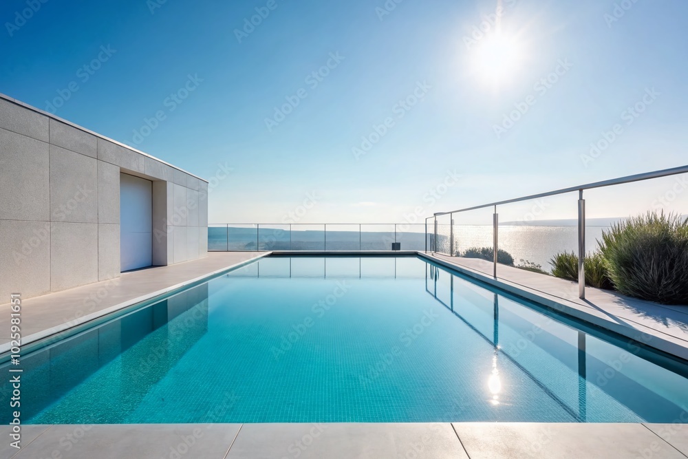 Obraz premium Minimalist Outdoor Swimming Pool with Turquoise Water and Sleek Railings for Tranquil Retreat Imagery