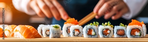 Handcrafted sushi rolls, vibrant colors, elegant presentation, sushi making process.