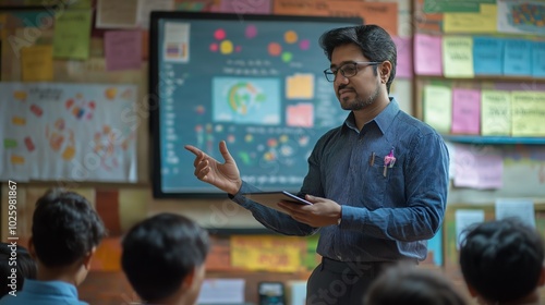 indianTeacher Explaining Lesson to Students in a Classroom with Colorful Charts photo