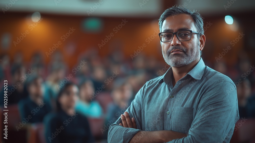 Confident Indian Teacher Proudly Standing in Classroom with Engaged Students in the Background Confident Indian Teacher Proudly Standing in Classroom with Engaged Students in the Background
