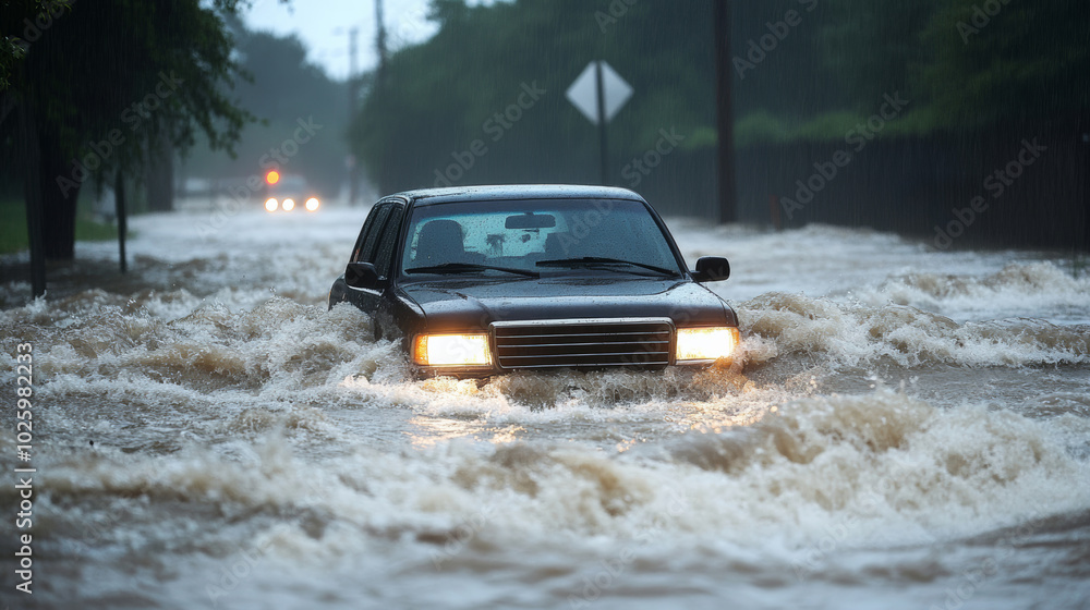 Car Driving Through Floodwaters. Car Driving Through Floodwaters.