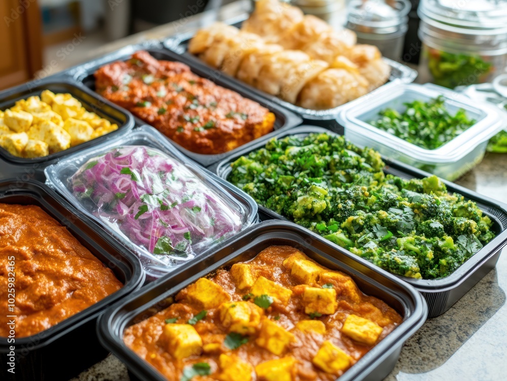 Indian food meal kits, neatly packaged with pre-portioned ingredients for homemade dishes like butter paneer and biryani, ready to cook Indian food meal kits, neatly packaged with pre-portioned ingredients for homemade dishes like butter paneer and biryani, ready to cook