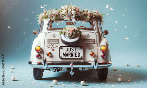 Wundervoll geschmücktes Hochzeitsauto mit einem Schild 