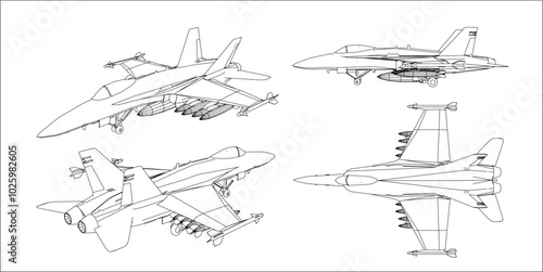 vector fighter jet plane blueprint line drawing isolated on transparent background