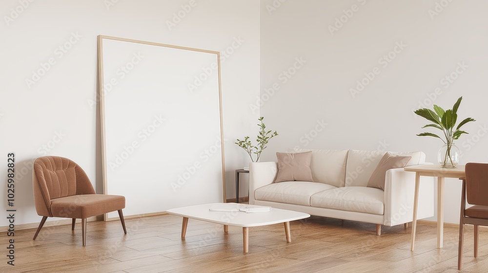 A minimalist living room featuring a light sofa, a wooden coffee table, and a single chair, complemented by plants and a large blank canvas on the wall. A minimalist living room featuring a light sofa, a wooden coffee table, and a single chair, complemented by plants and a large blank canvas on the wall.