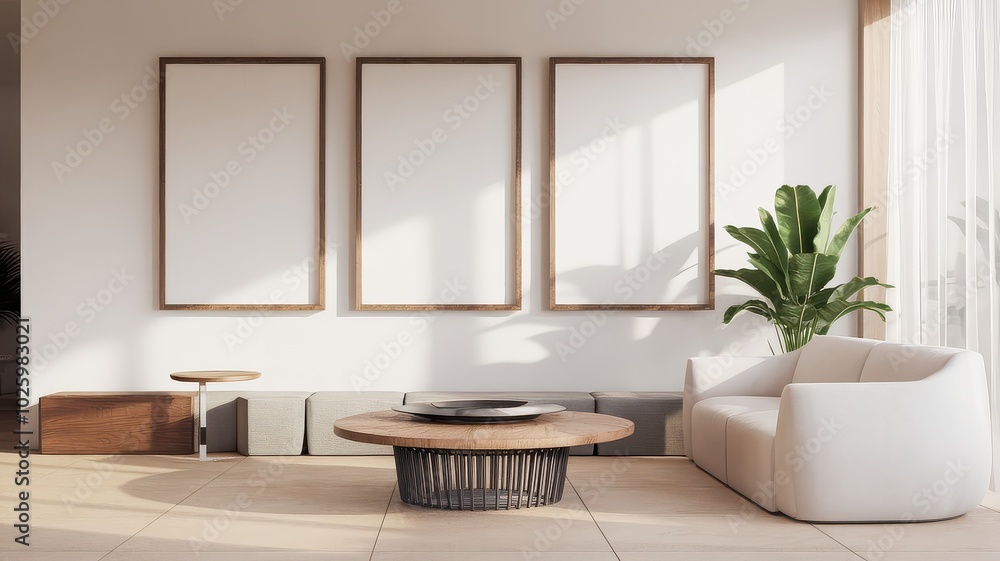 Obraz premium A modern living room featuring a minimalist design, white walls, a round wooden coffee table, plush seating, and large blank frames ready for artwork.
