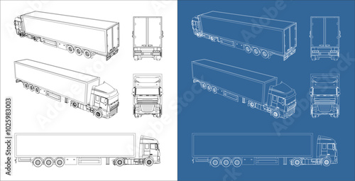 vector cargo container technical line drawing blueprint . View from side, front, back.