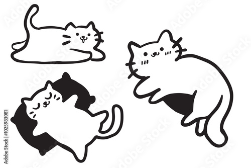 cat illustration black and white line art minimalis. cute lazy cat bw vectoxr