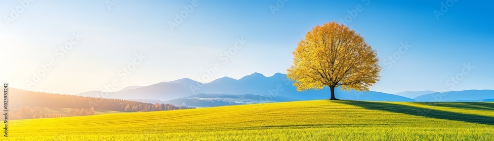 Single tree on a green field with mountains and blue sky in the background. Single tree on a green field with mountains and blue sky in the background.
