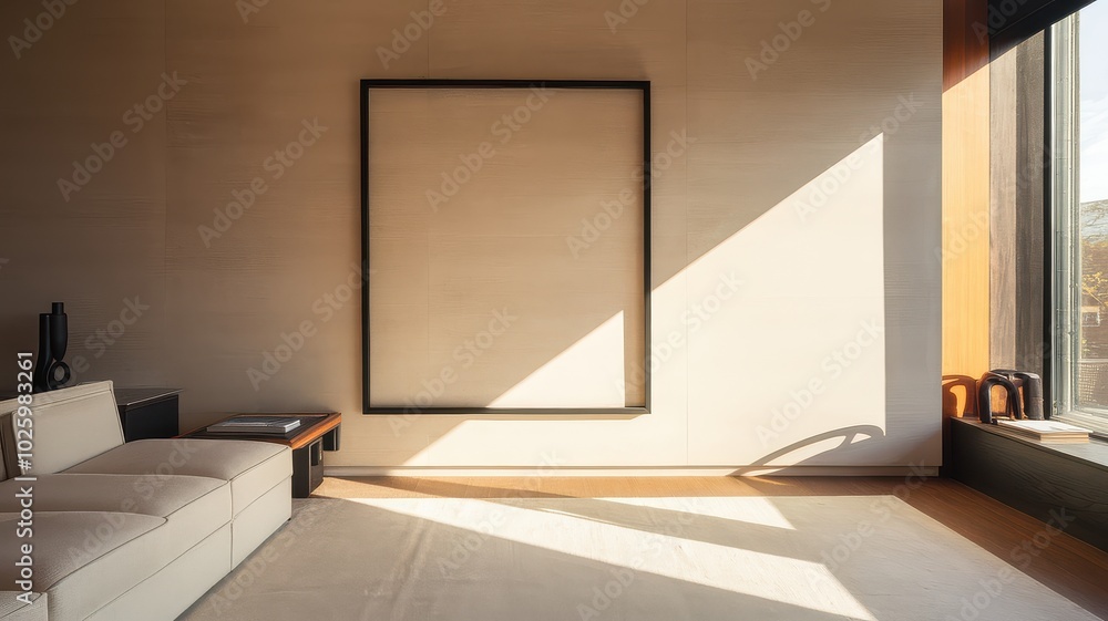 A minimalist interior featuring a neutral palette, a large empty frame, a cozy sofa, and sunlit shadows creating a serene atmosphere. A minimalist interior featuring a neutral palette, a large empty frame, a cozy sofa, and sunlit shadows creating a serene atmosphere.