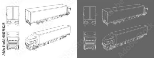 set of logistic Container truck technical drawing blueprint