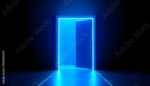 A glowing blue door or portal against a dark background