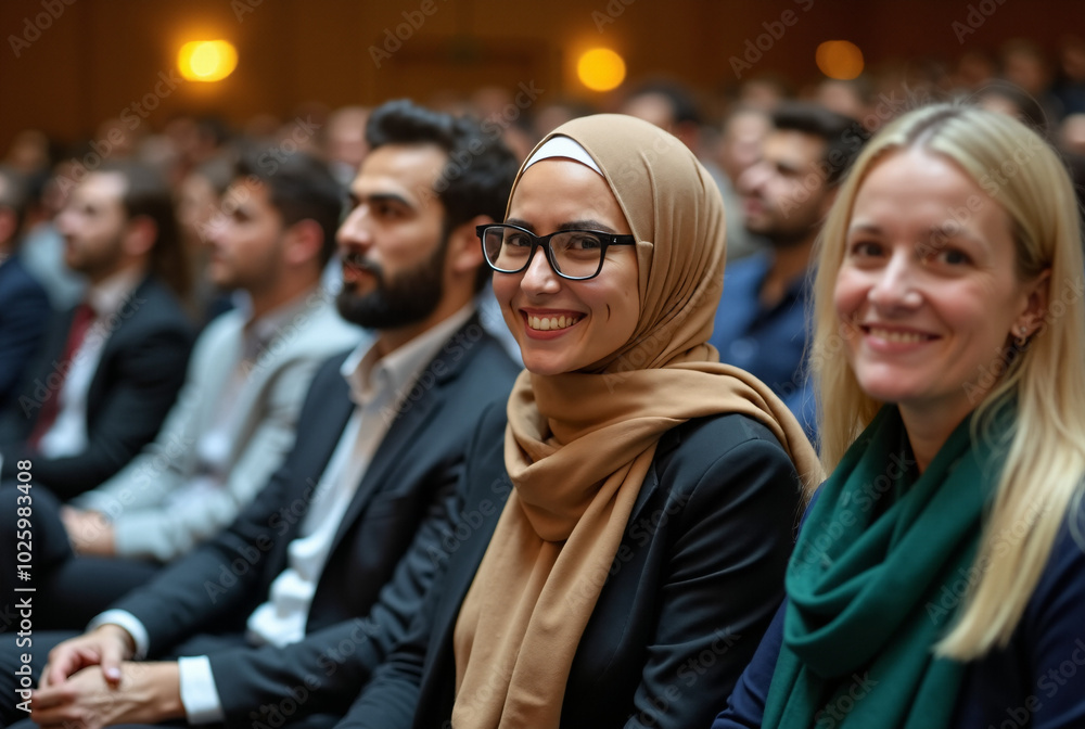 Diverse Audience at Business Conference: Multicultural Professionals Engaged in Presentation for Corporate Event Diverse Audience at Business Conference: Multicultural Professionals Engaged in Presentation for Corporate Event