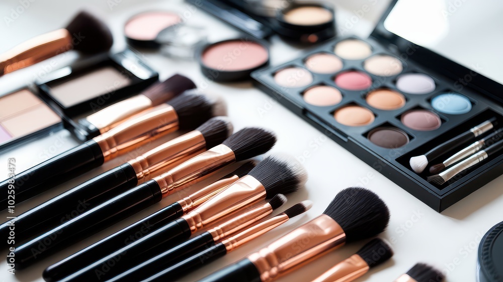 A neatly arranged set of makeup brushes and palettes, showcasing a variety of colors and tools for beauty applications. A neatly arranged set of makeup brushes and palettes, showcasing a variety of colors and tools for beauty applications.