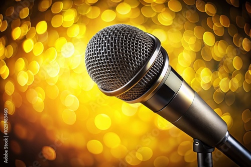 Modern Black Metal Microphone Isolated on Yellow Background - Low Light Photography photo