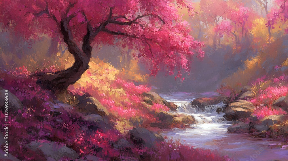 A serene stream flows through a lush, pink forest. A serene stream flows through a lush, pink forest.