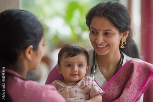 Indian doctor smiling while holding a happy infant with mother during a healthcare visit photo