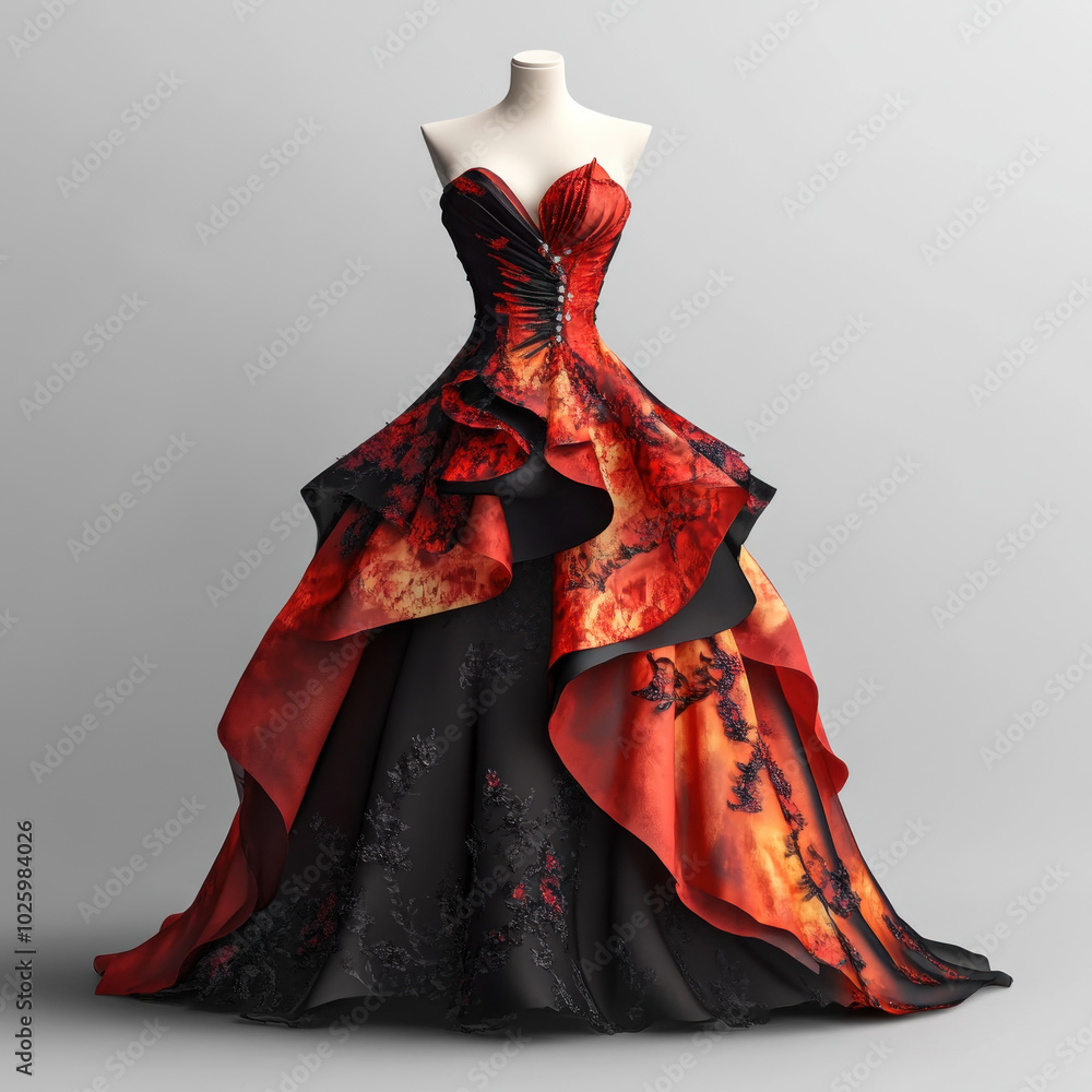 Red and black floral dress on display. Red and black floral dress on display.