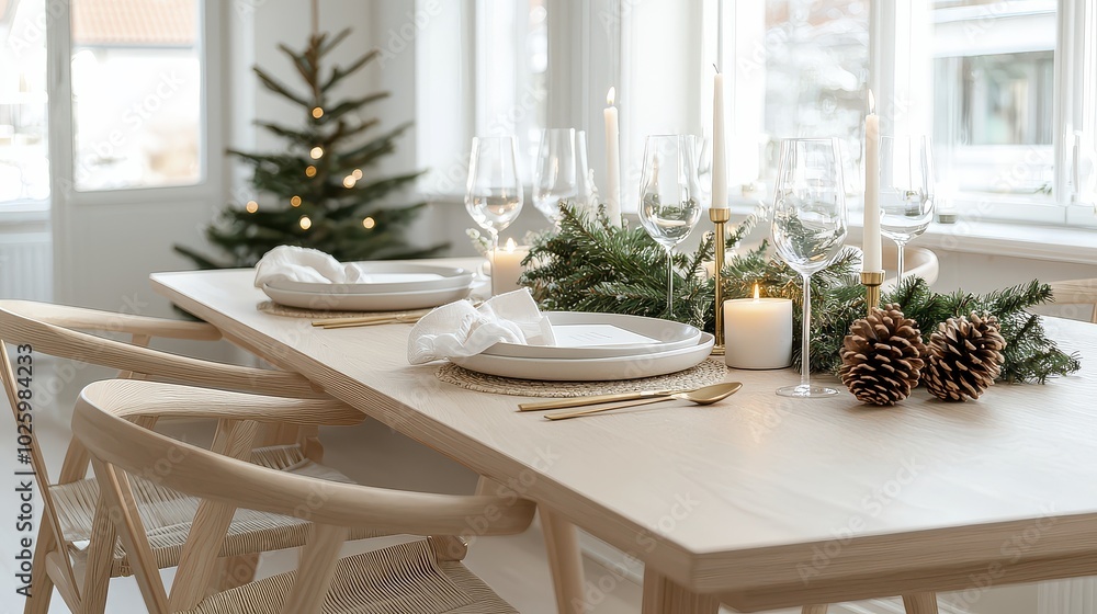 A beautifully decorated dining table for a festive occasion, featuring elegant tableware, candles, and a Christmas tree in the background. A beautifully decorated dining table for a festive occasion, featuring elegant tableware, candles, and a Christmas tree in the background.