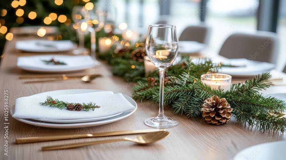 A festive dining table elegantly set with plates, glasses, and seasonal decorations, perfect for holiday celebrations. A festive dining table elegantly set with plates, glasses, and seasonal decorations, perfect for holiday celebrations.