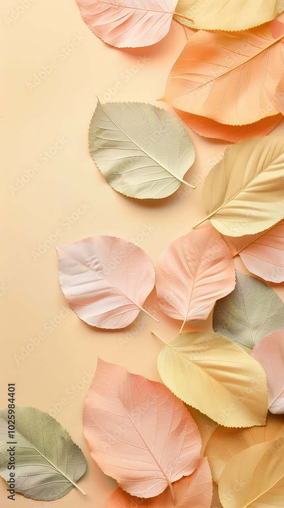 Obraz premium Aesthetic beige background with pastel colored paper autumn leaves. Copy space. Autumn inspiration. Generative AI